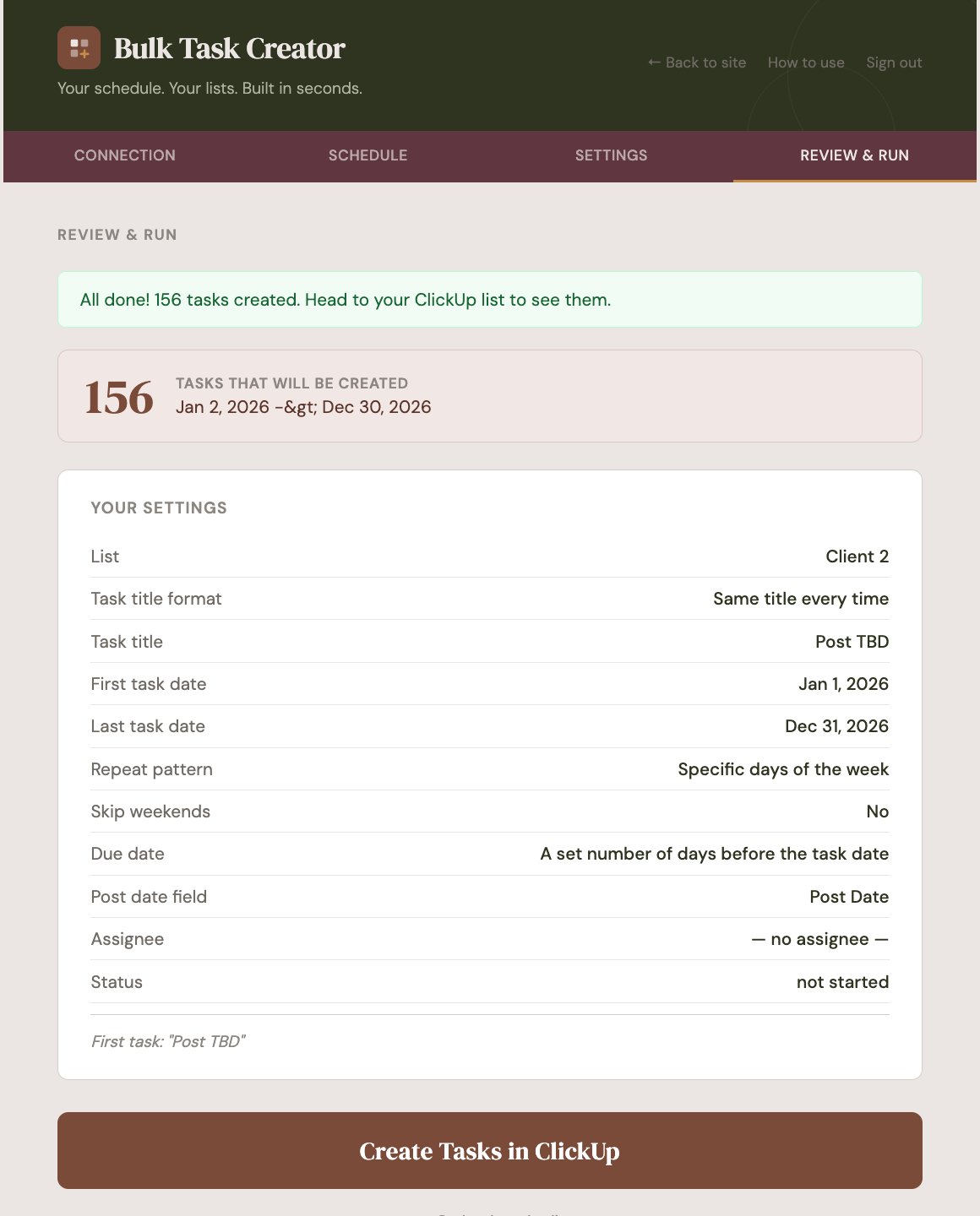 Bulk Task Creator success screen — All done! 156 tasks created