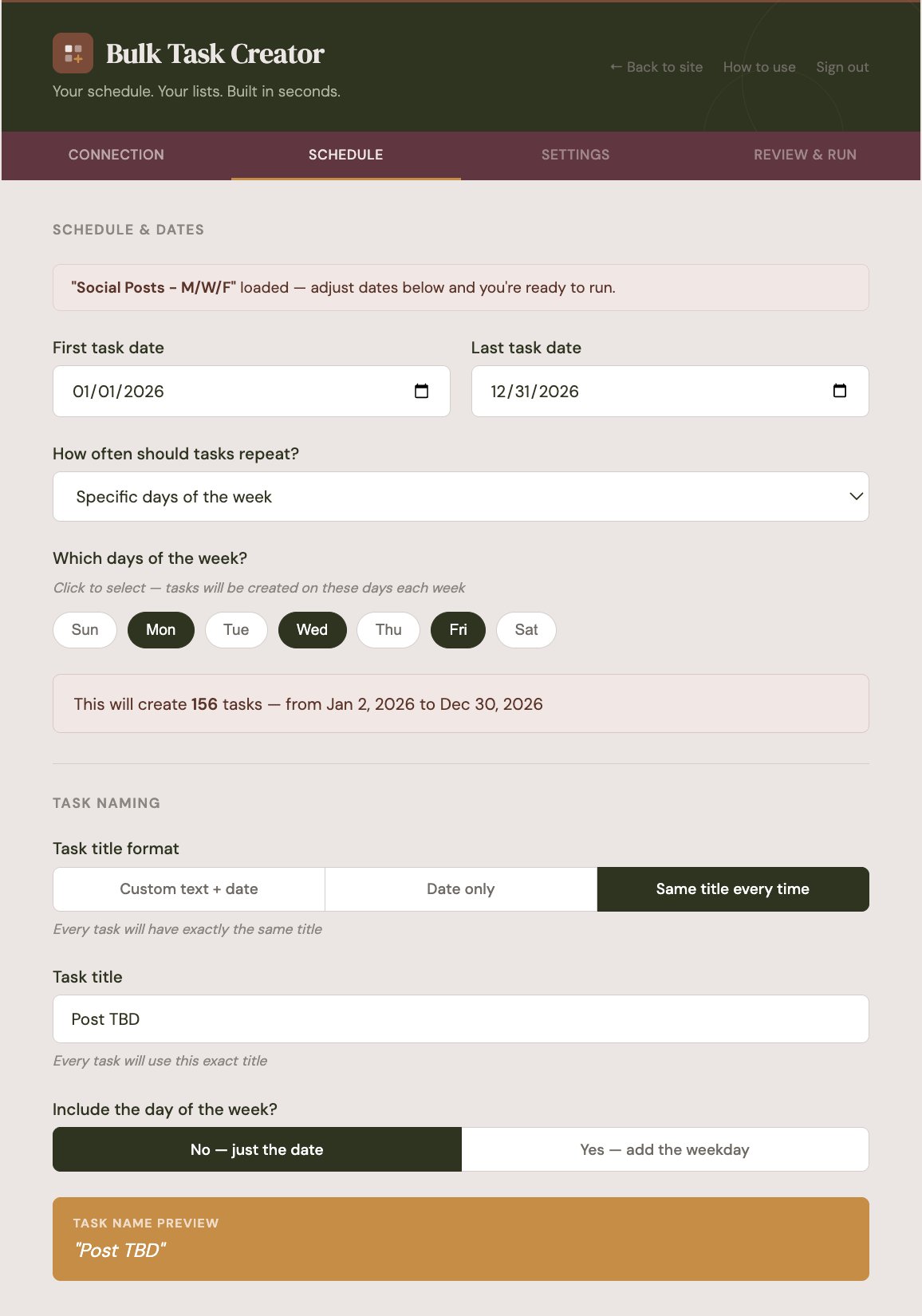 Bulk Task Creator schedule setup — M/W/F selected, 156 tasks previewed