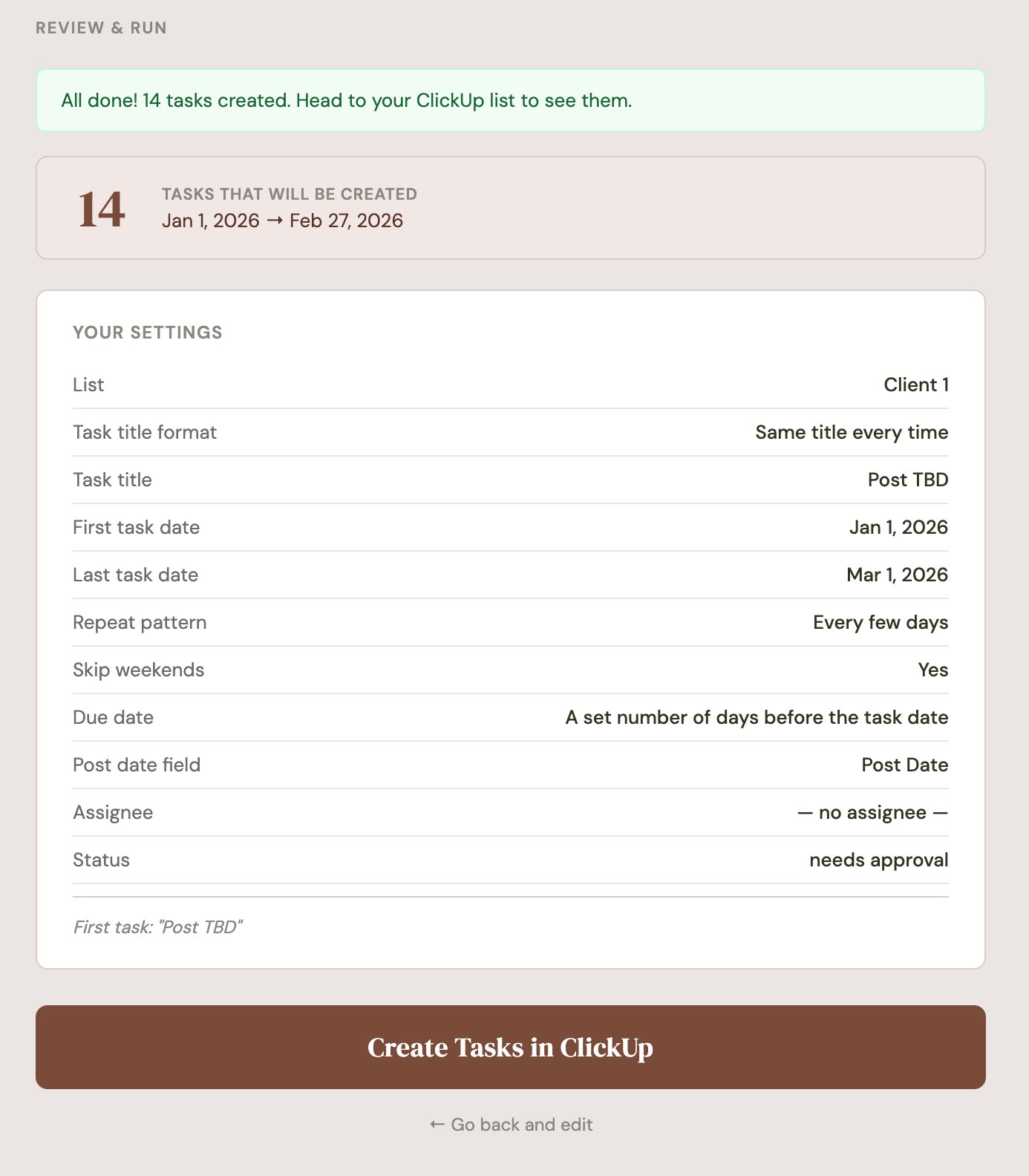 Bulk Task Creator app review screen showing 14 tasks ready to create