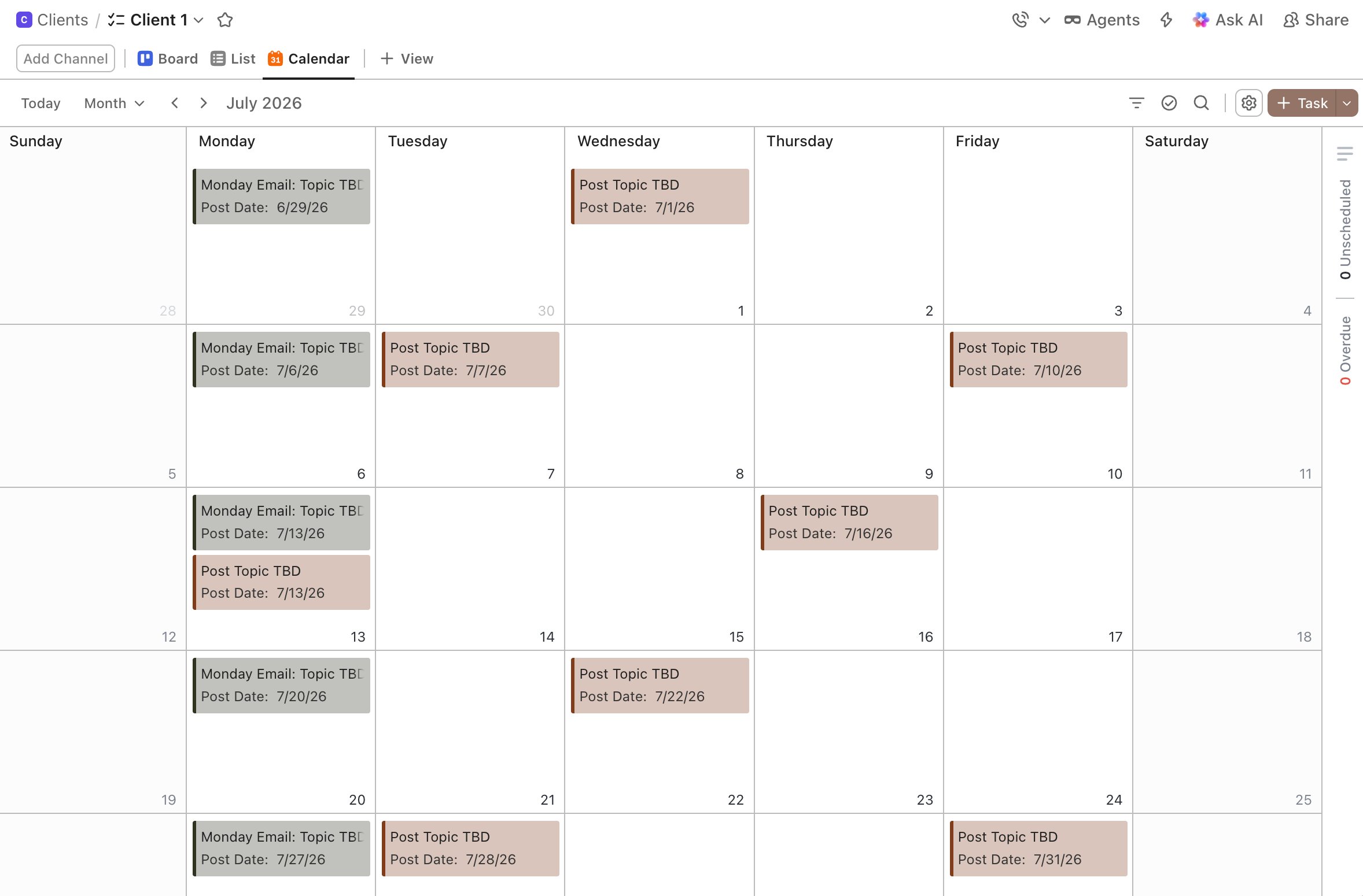 ClickUp calendar view showing Monday emails and social posts scheduled across the month