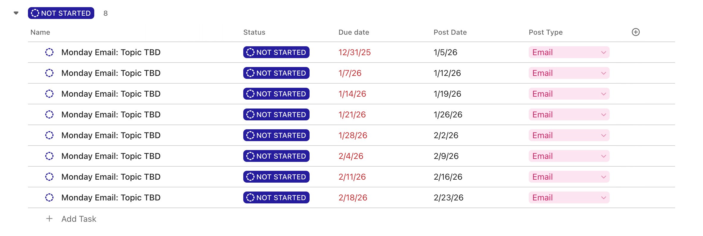 ClickUp list showing Monday Email Topic TBD tasks with send dates