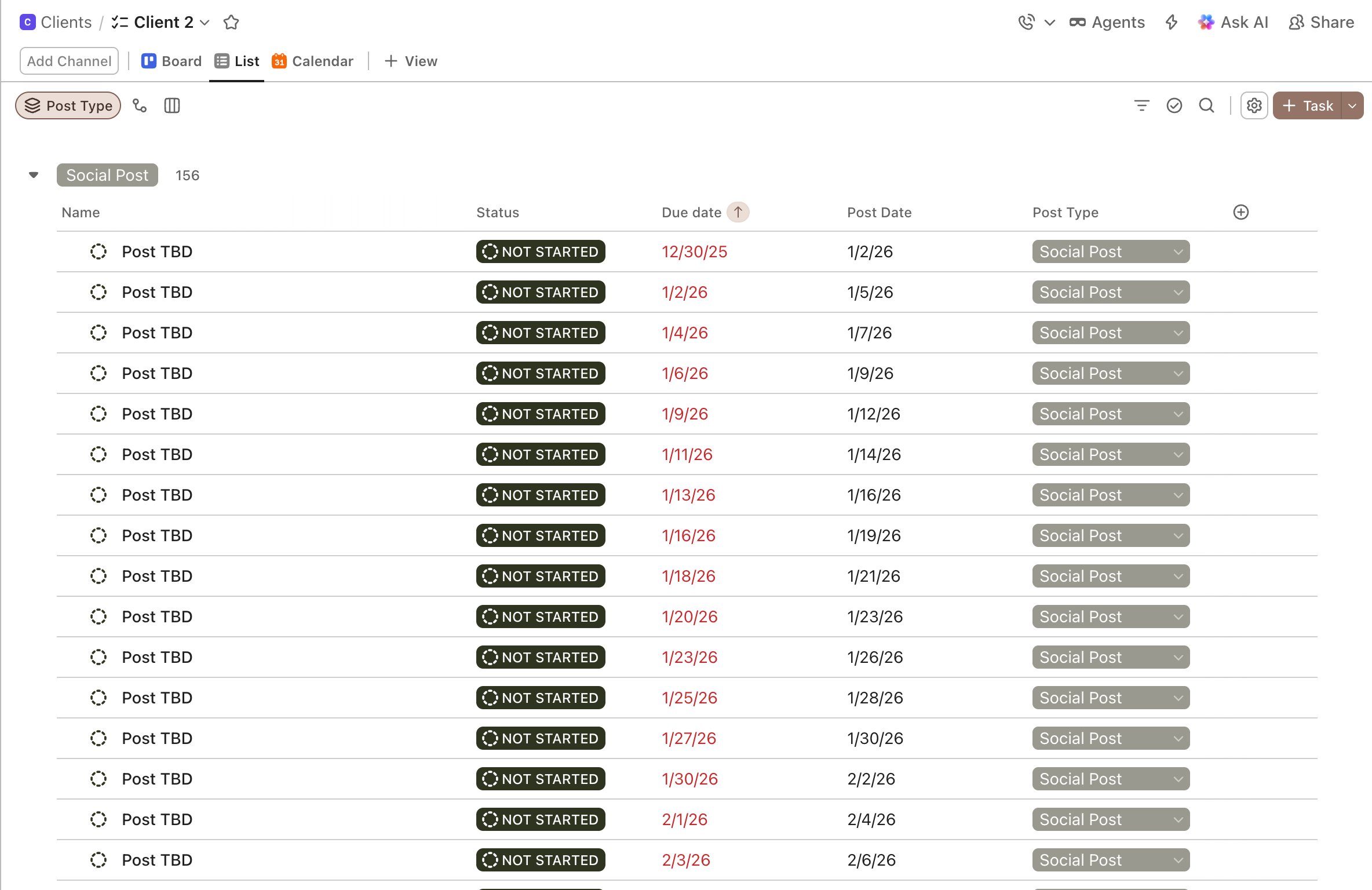 ClickUp list showing 156 Post TBD social post tasks with statuses and post dates