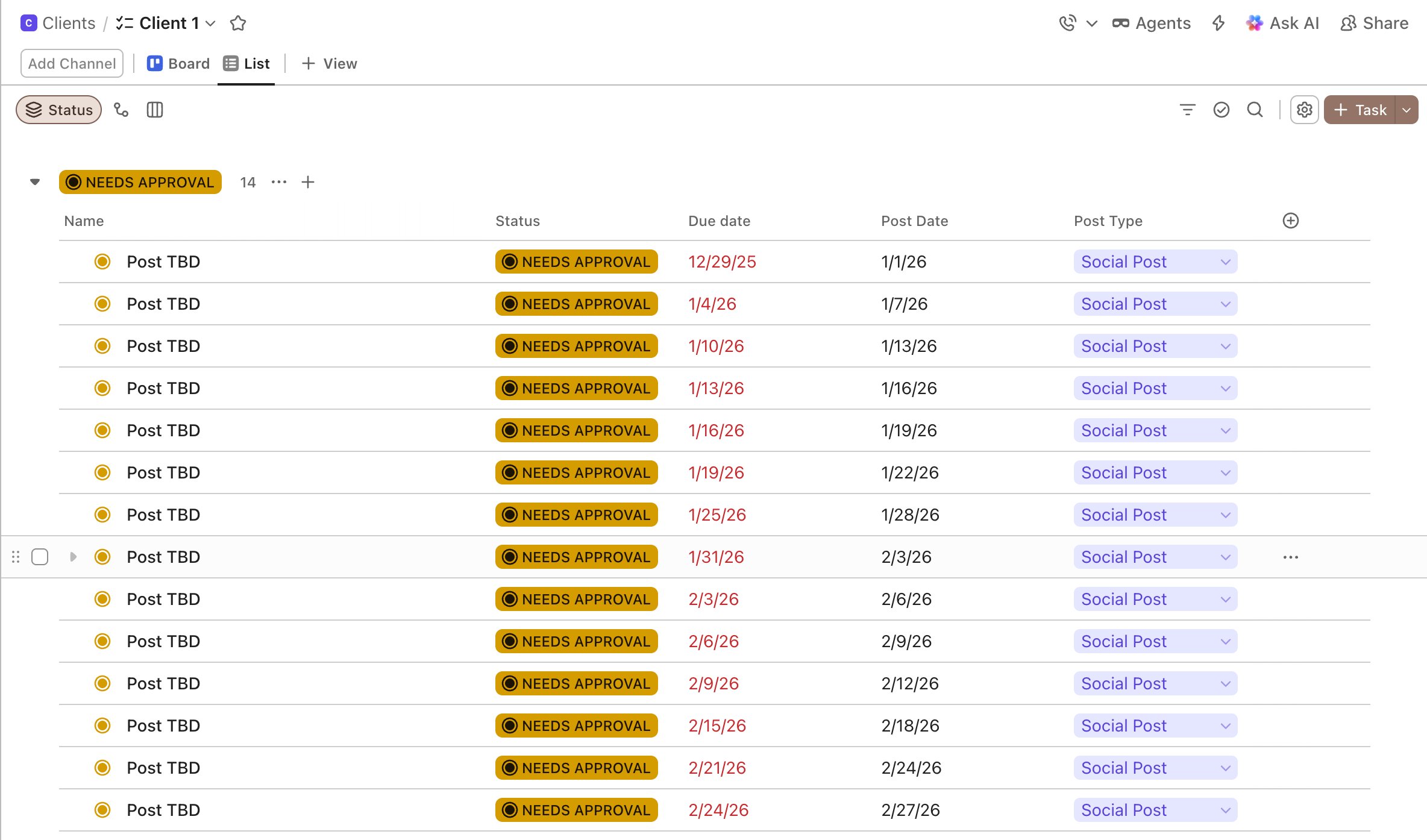 ClickUp list filled with scheduled content tasks created by Bulk Task Creator