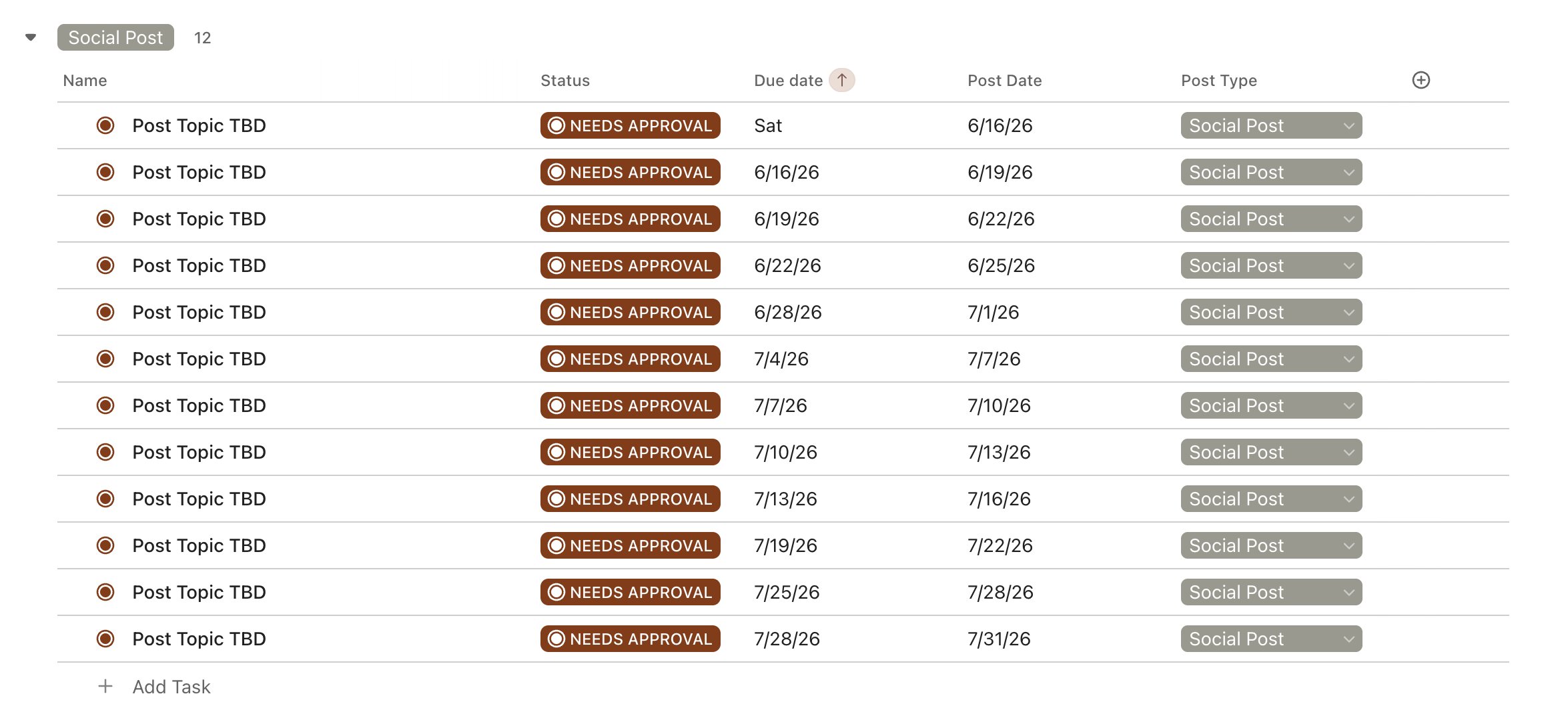 ClickUp list showing Post Topic TBD social tasks with NEEDS APPROVAL status and post dates